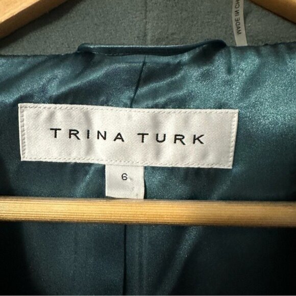 Trina Turk Wool Blend Wrap Coat Green Size 6 Quiet Luxury Forestcore Chic - Picture 6 of 13